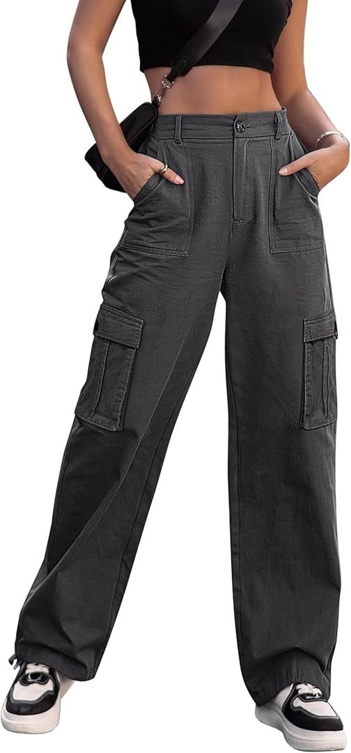 ZMPSIISA Women Pants High Waisted Cargo Pants Combat Military Wide Leg Casual Trousers 8 Pockets, S
