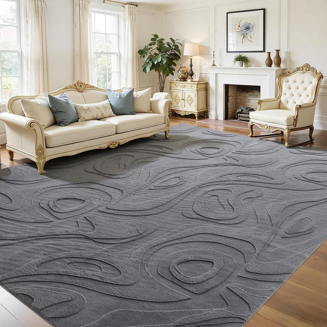 UKISS Washable Rugs 8'x10' Area Rugs for Living Room ，Ultra Soft Faux Rabbit Fur Embossed Rug for Bedroom, Non Slip&Non-Shedding Low Pile Large Carpets for Home Decor Gray