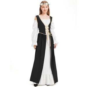 Renaissance Costume Women Medieval Dress Long Sleeve Black Red Green Chemise Overdress Wreath Halloween Cosplay Party S