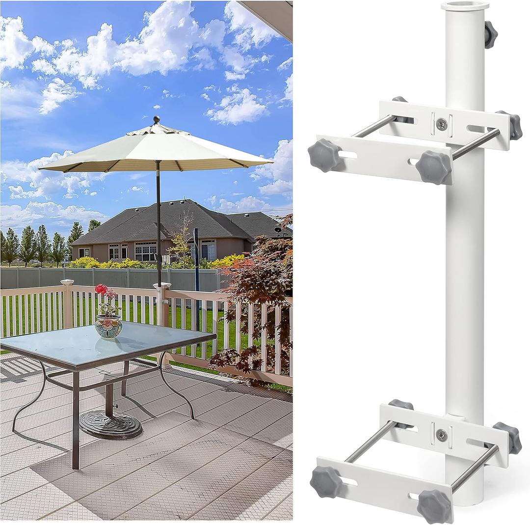 Deck Umbrella Mount, Non-Slip Patio Umbrella Holder for Metal & Wood Railing Post or Fence (Max Span 5.85inch), Outdoor Umbrella Bracket Clamp of Stainless Steel Heavy-Duty (White)
