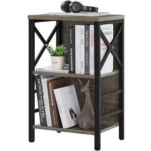 MNEETRUNG Small Bookcase, 3 Tier Industrial Bookshelf with Metal Frame and Backboard, Low Grey Book Shelf, Bookcase for Small Spaces, Living Room, Bedroom, and Home Office