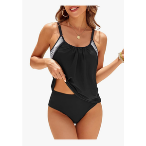 ZAFUL Two Piece Tankini Swimsuit for Women High Waisted Tummy Control Bathing Suit Double Up Tankini Set Large, Black 