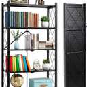 COKIHOM 5 Tier Foldable Storage Shelf with Wheels, Heavy Duty Metal Rolling Shelf Rack, No Assembly Wire Shelving Unit for Kitchen, Books, Living Room, Pantry, Garage, Office, Bedroom, Black