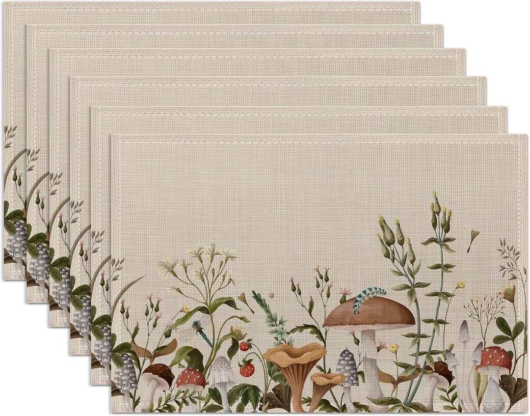 Mushroom Plants Placemats Set of 6,Washable Heat Resistant 1218 Inch Linen Table Mats Fall Place Mats for Party Outdoor Dining Dcor