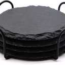 4 PCS Round Slate Drink Coasters Set, SIJDIEE 4 Inch Laser Engraving Black Slate Stone Coasters with Anti-Scratch Bottom and Coaster Holder for Office Bar Kitchen Home Dinner Table Decor Supplies