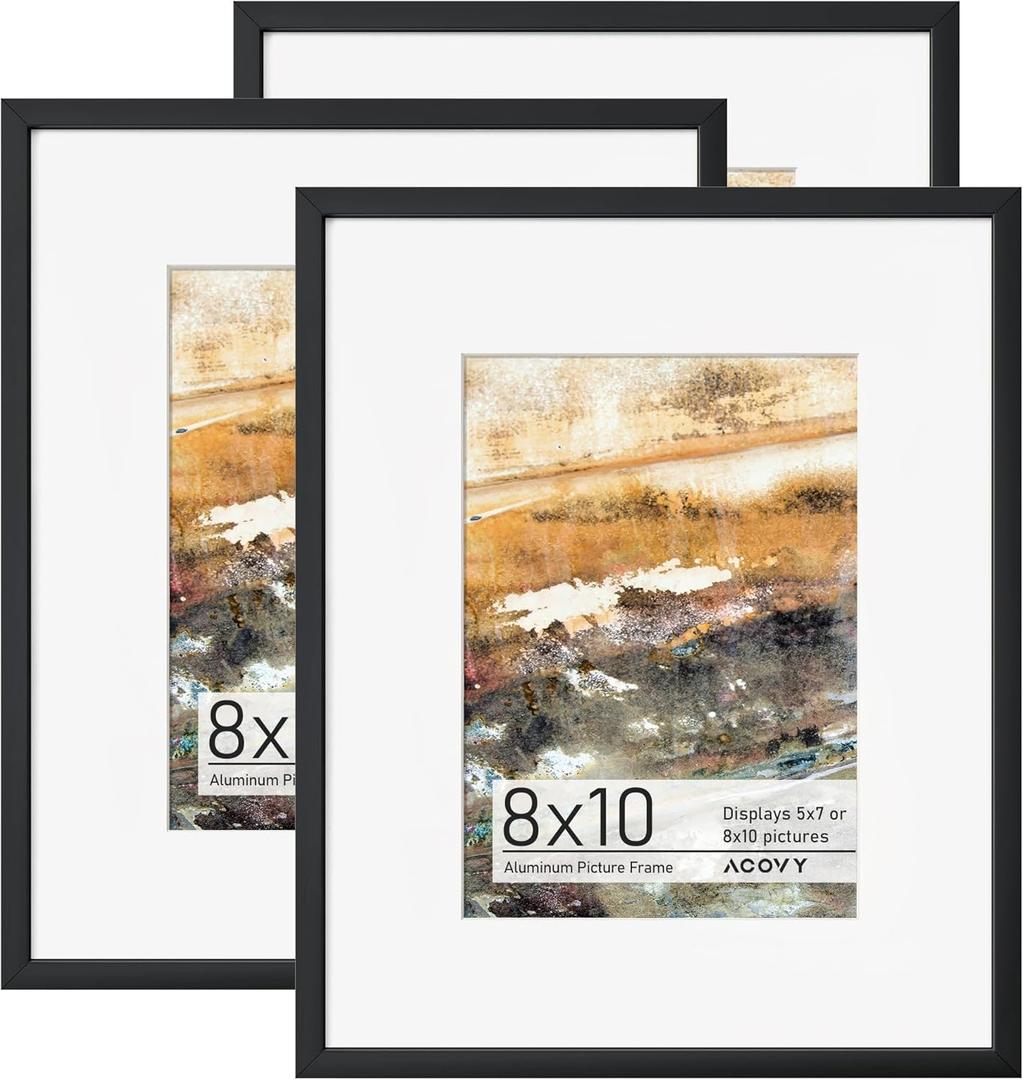 8x10 Picture Frame, Aluminum 8x10 Frame Matted to 5x7, 8 x 10 Photo Frame with High Definition Plexiglass, Metal 8 x 10 Picture Frame for Wall or Tabletop Display, Wall Hook Included (Black, Pack of 3)