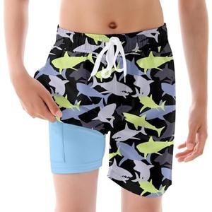 UNICOMIDEA Boys Swim Trunks Quick Dry Kids Bathing Suits with Compression Liner Boy Swim Shorts for Kid Swimming Black Camouflage with Shark Pattern Board Short Size 7T