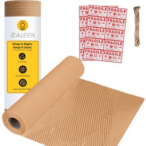 Honeycomb Packing Paper for Moving -15 In x 213 Ft, Shock Proof Brown Wrapping Paper Roll for Shipping With 20 Fragile Stickers & 100Ft Jute Twine -Sustainable & Recyclable Moving Bubble Packing Roll