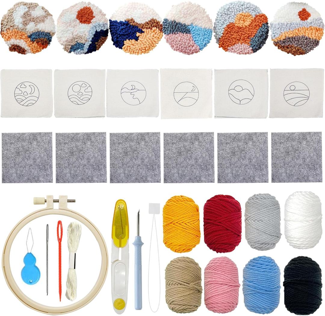 Allazone 6 PCS Punch Needle Coaster Kit with Landscape Patterns Yarns Tools, Felt Embroidery Hoop for DIY Craft