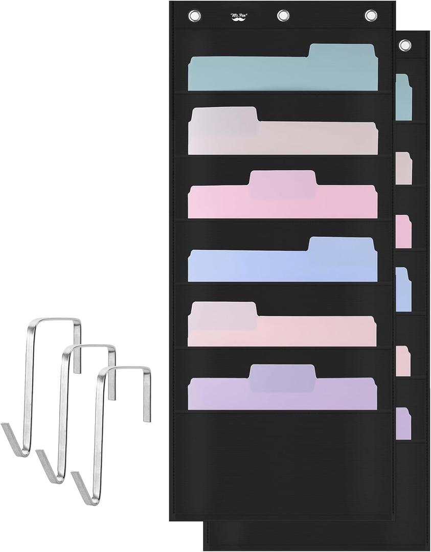 Mr. Pen- Hanging Wall File Organizer with 6 Pockets, 2 Pack, Black Fabric, 6 Metal Overdoor Hangers Included, Perfect for A4 Paper, Over The Door File Organizer