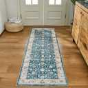 WITSHOCK 2x5 Runner Rugs for Hallway Bathroom: Machine Washable Non Slip Vintage Carpet - Low Pile Lightweight Print Rug for Kitchen Laundry Room Bedroom Beside Rug - Pet & Kids Friendly (Blue/Cream White/Light Ivory)
