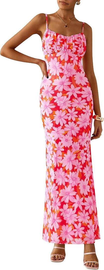 PRETTYGARDEN Women's Floral Bodycon Maxi Dress Summer Beach Sundress Sleeveless Spaghetti Strap Wedding Guest Dress (Pink, S)