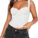 REORIA Women's Summer Fashion Sexy Square Neck Sleeveless Cute Trendy Going Out Lace Bustier Crop Tank Tops White Medium
