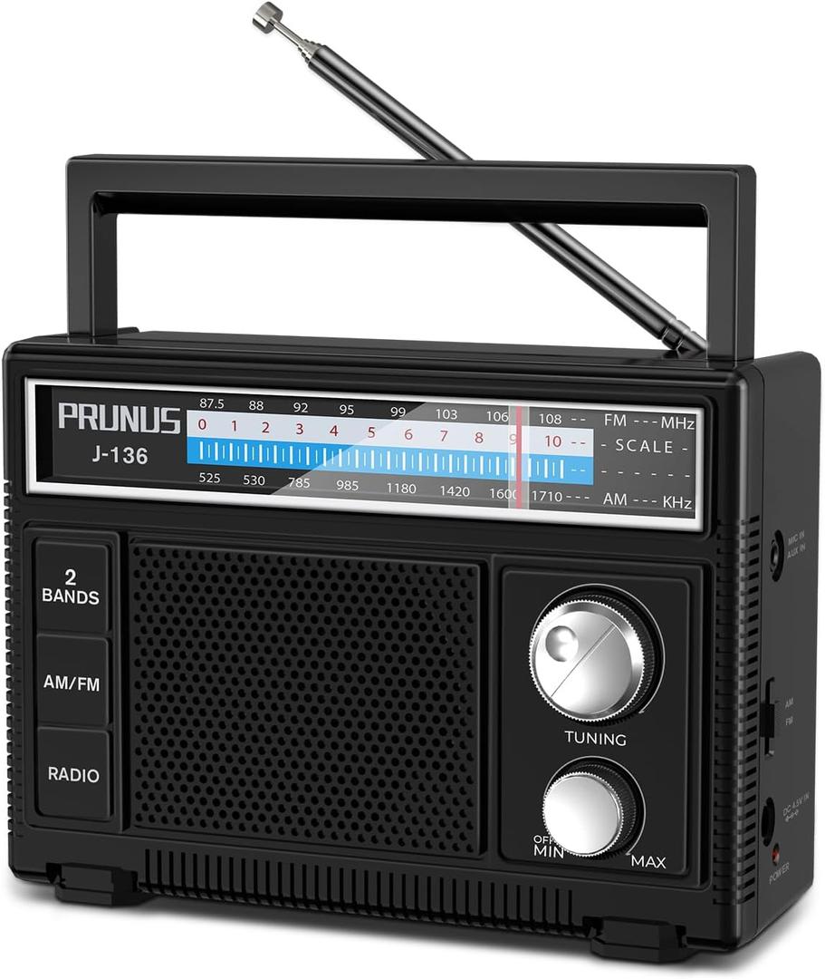 PRUNUS J-136 Portable AM FM Radio with Best Reception,D Battery Operated or Plug in Wall, Transistor Radio,Loud Speaker Support AUX in and Micphone in, Small Radios Portable AM FM