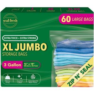 3 Gallon Large Plastic Storage Bags  16" x 18" (60 Count)  Reusuable XXL Extra Large Heavy Duty Clear Jumbo Freezer Zip Lock Bags with Sealable Zipper Top For Clothes, Travel, Moving