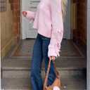 GORGLITTER Women's Bow Sweater Casual Crew Neck Knit Long Sleeve Fall Oversized Pullover Tops Winter Trendy Outfits (Pink, L)
