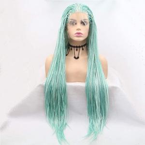 xiweiya Mint Green Braided Wigs Synthetic Blue Green Afro Braids Long Dutch Braids Lace Front Wig Heat Resistant Fiber 180% Density Wig For Women 24inch