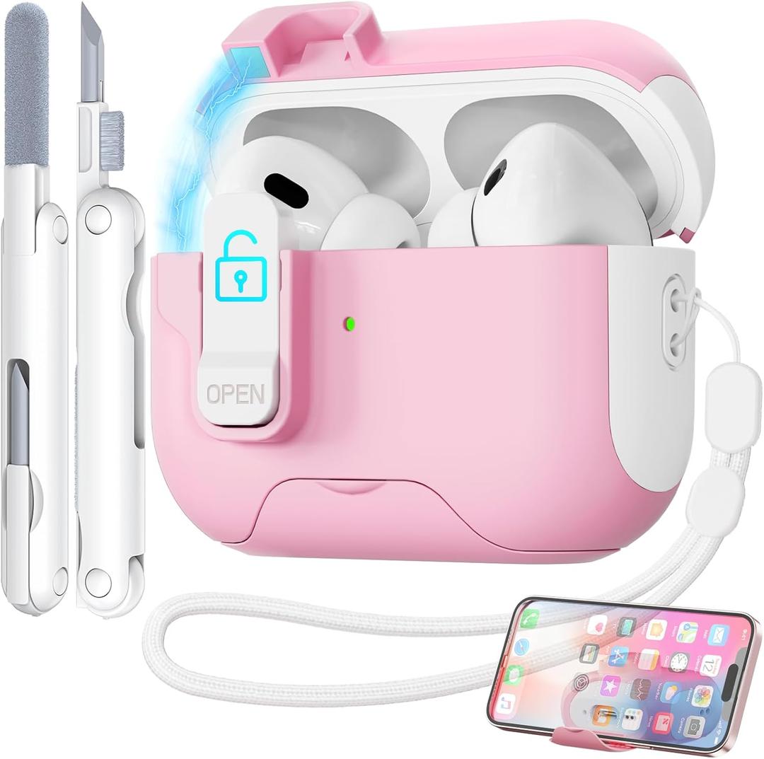 2 x for AirPods Pro 2 Case with Safety Lock & Phone Stand, Auto Opening AirPods Pro Case Cover Compatible with Airpods Pro 2nd/1st Generation Cases for Women Girly with Cleaner,Lanyard, Drop Protective