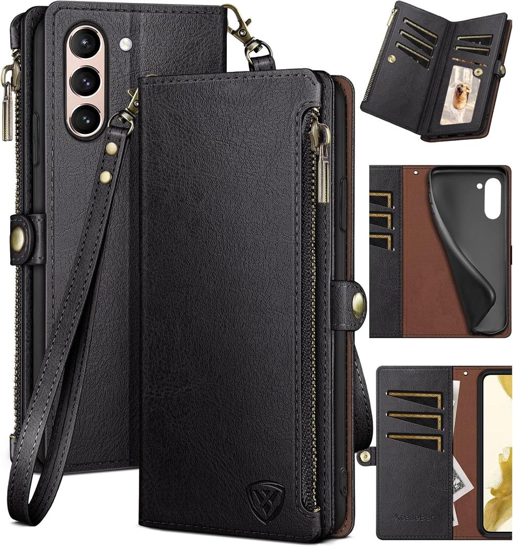 XcaseBar for Samsung Galaxy S21 Wallet case with Zipper Credit Card HolderRFID Blocking, Flip Folio Book PU Leather Phone case Shockproof Cover Women Men for Samsung S21 case Black