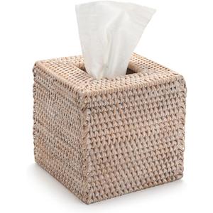 Rattan Tissue Box Cover Natural Woven Facial Napkin Holder Square (White, 5.5x5.5x5.9 Inch)