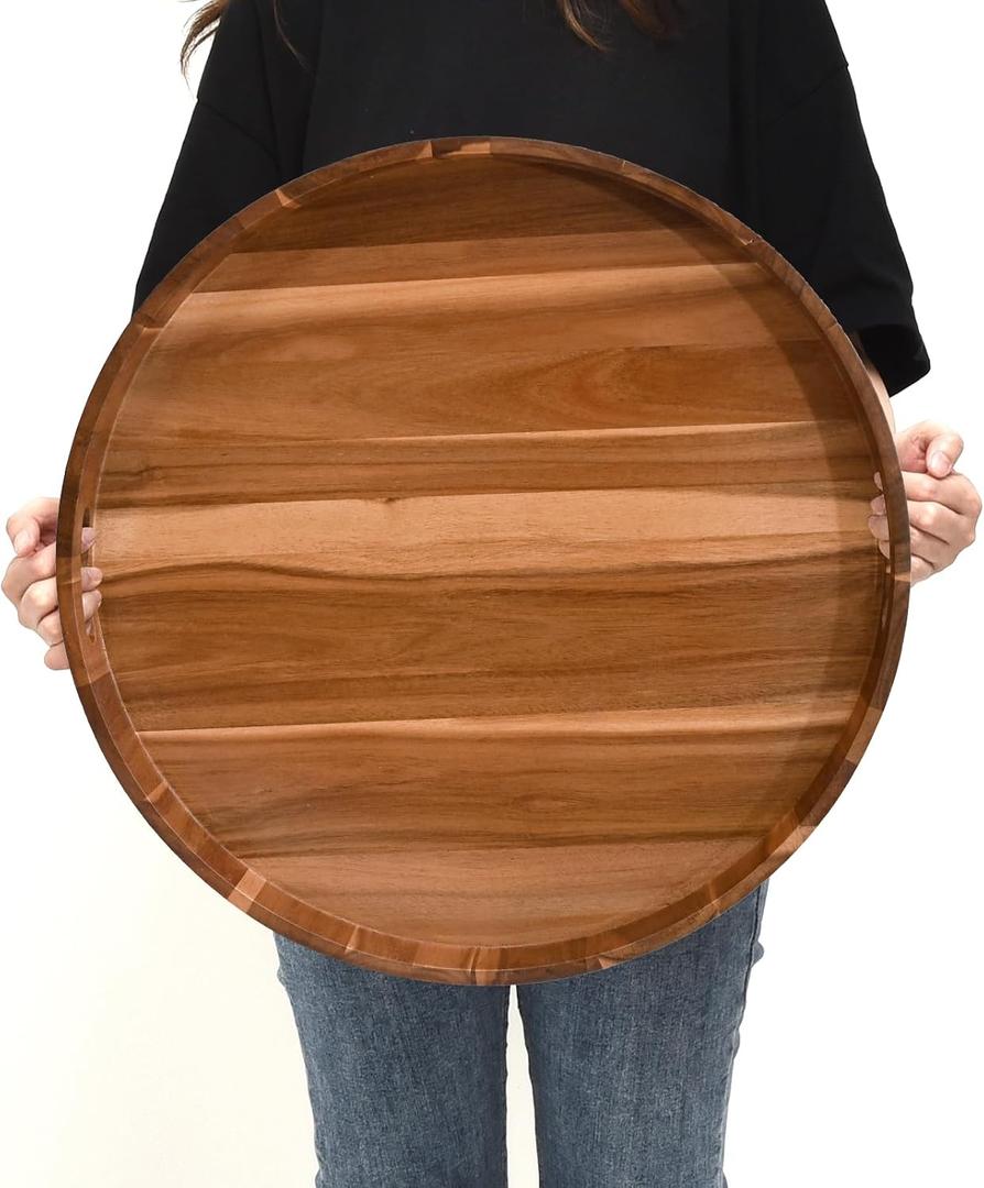 20 Inch Extra Large Round Serving Tray HeavyDuty Acacia Wood Tray for Oversized Ottoman Coffee Table and Counter Giant Decorative Organizational Tray Extensive Kitchen Serveware