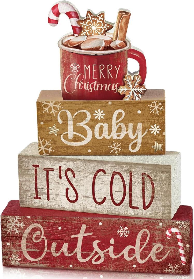 4 Pcs Christmas Table Decor Wooden Hot Cocoa Decoration Christmas Centerpiece Winter Tiered Tray Decor Decorative Red Hot Cocoa Block Signs Gift Farmhouse Xmas Decoration for Home Kitchen