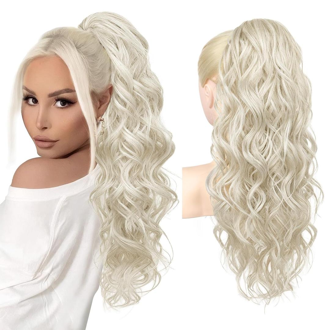 REECHO Platinum Blonde Ponytail Extension Claw Clip Ponytail Hair Extension Long Curly Clip in Pony Tails Natural Synthetic Hairpiece for Women, Platinum Blonde