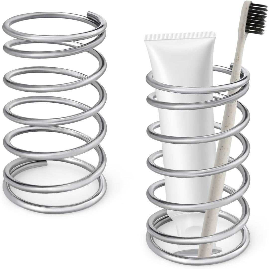 2 Pack Toothbrush Holder, Stainless Steel Spring Shape Toothbrush Stand Toothpaste Razor Storage, Pen Holder Makeup Brush Organizer for Bathroom Tabletop Dresser