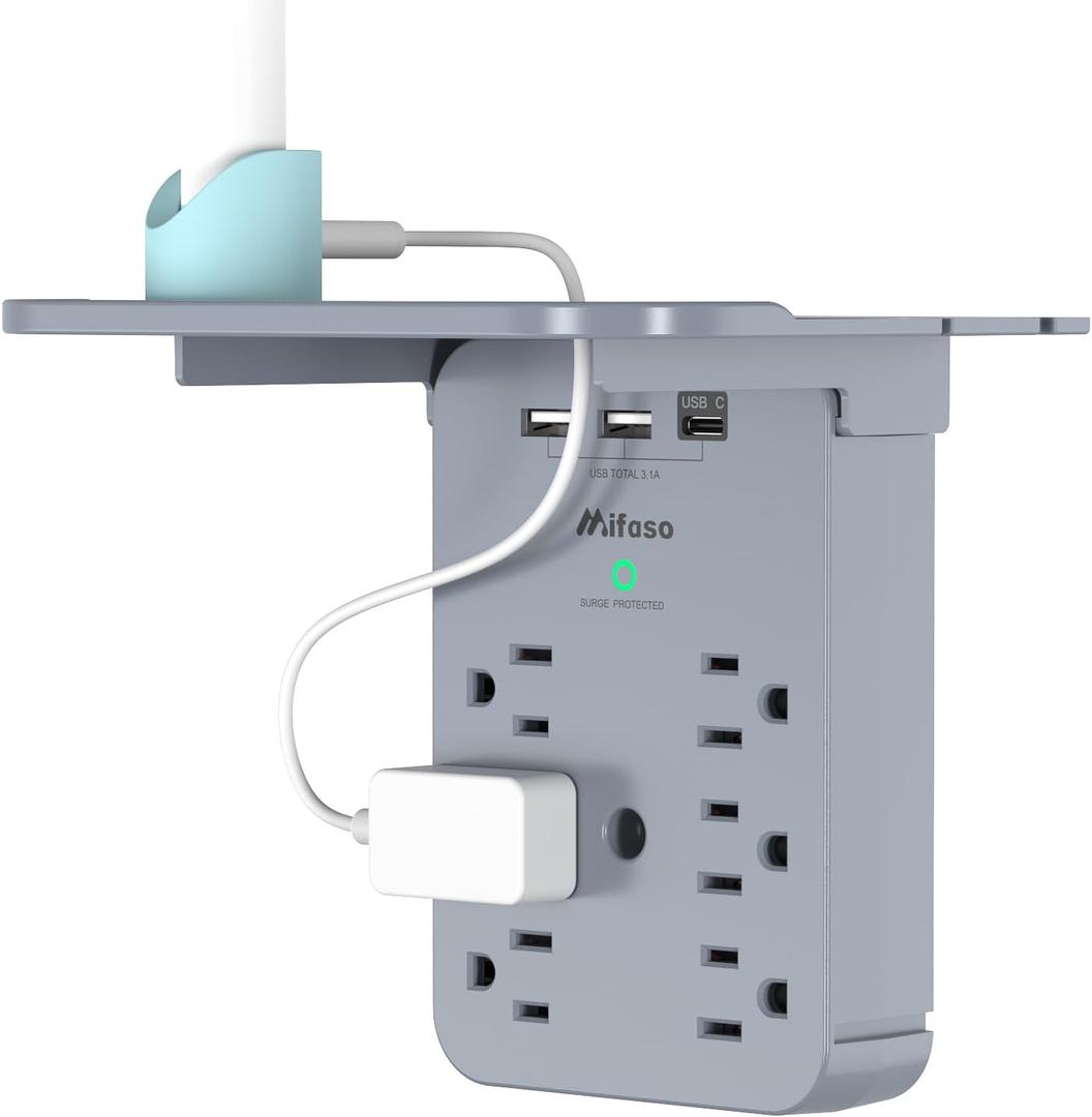 Outlet Extender with Shelf, PD 20W USB-C, Mifaso Surge Protector 6 AC Multi Plug Wall Outlets and 3 USB Ports, Outlet Splitter for Bathroom Home (Gray)