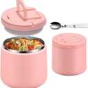 20oz Insulated Vacuum Food Jar with Buckle Lid,Soup Thermo for Hot Food Kids,Wide Mouth Leakproof Stainless Steel Lunch Container with Spoon-Pink