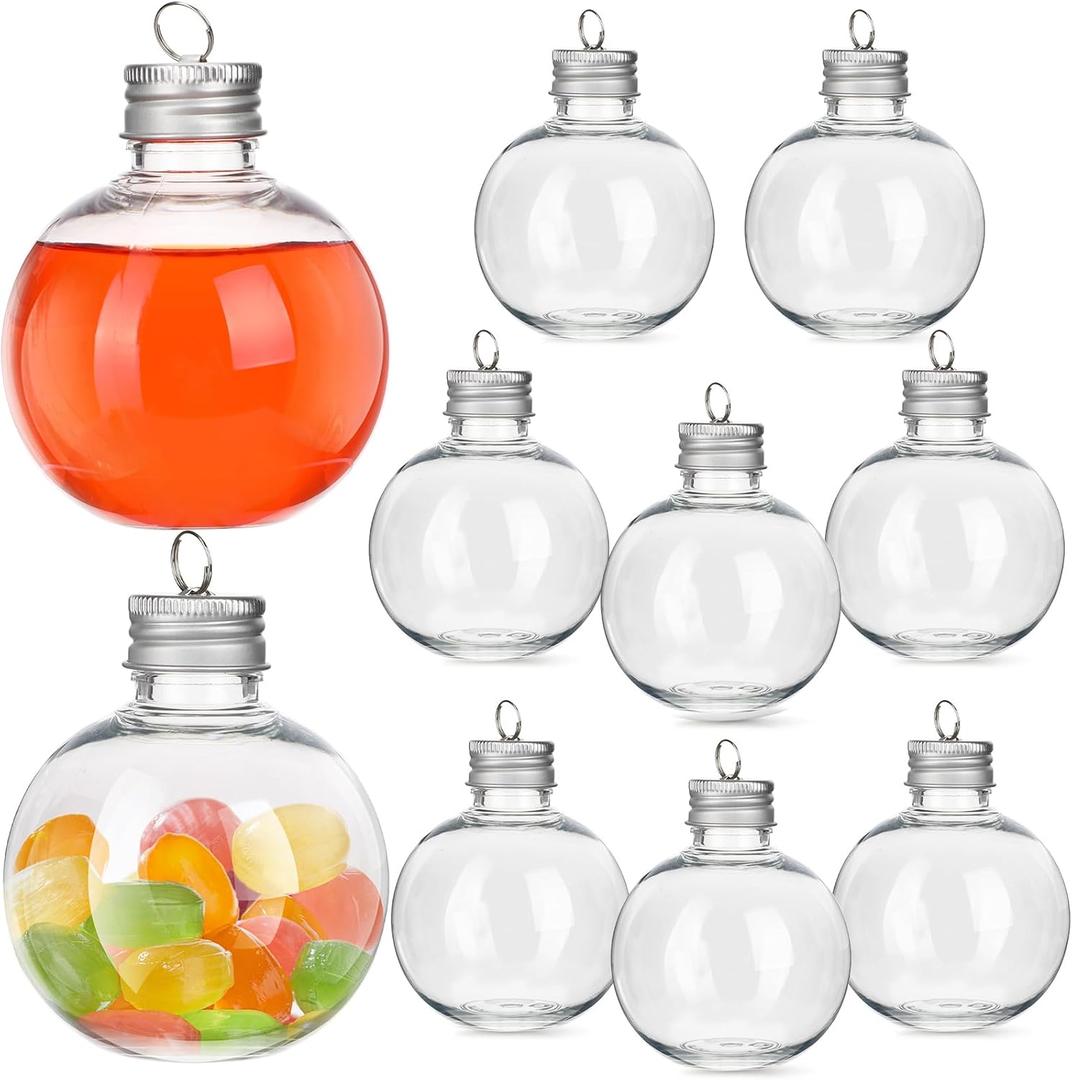 10Pcs Christmas Drink Balls, Fillable Booze Balls Ornament Clear Plastic Xmas Tree Ornaments for Drinks Water Candy Party Decoration Silver 150ML