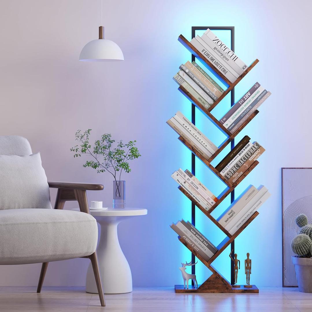 Tree Book Shelf with LED Lights, 9 Tier Floor Standing Bookcase, Classical Corner Shelf Kids Bookshelf, Tall Wood Book Storage for Bedroom, Living Room, Home Office, Brown
