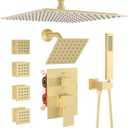 Enga Dual Shower Head Shower System with Body Jets, 12" Ceiling Mounted Rain Shower Head & 6" Wall Mounted Head Full Body Rainfall Shower Faucet with Valve Kit, Brushed Gold