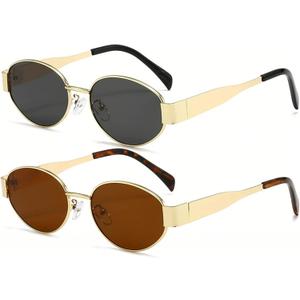 AIEYEZO Retro Oval Sunglasses for Women Fashion Polarized Sun Glasses Oval Metal Frames UV400 Protection Lens (2 Pack (Gold/Grey + Gold/Brown))