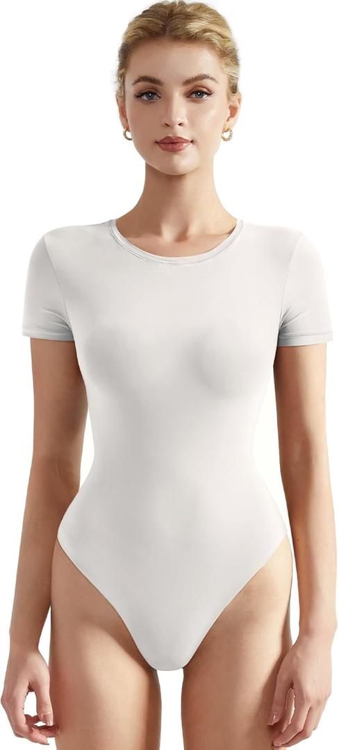 SUUKSESS Women Crew Neck Short Sleeve Thong Bodysuit Shirts Basic Top (Medium, Snow White)