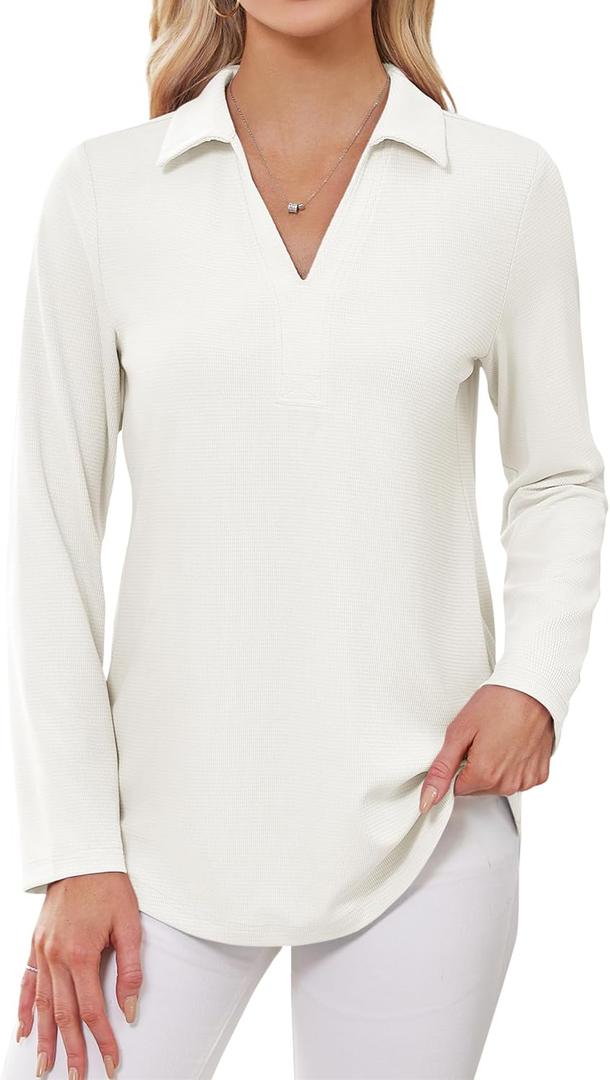 Women's Polo Shirts Collared V Neck Work Tops Long Sleeve Business Casual Dressy Blouses Textured Ribbed Tunic (White, Small)
