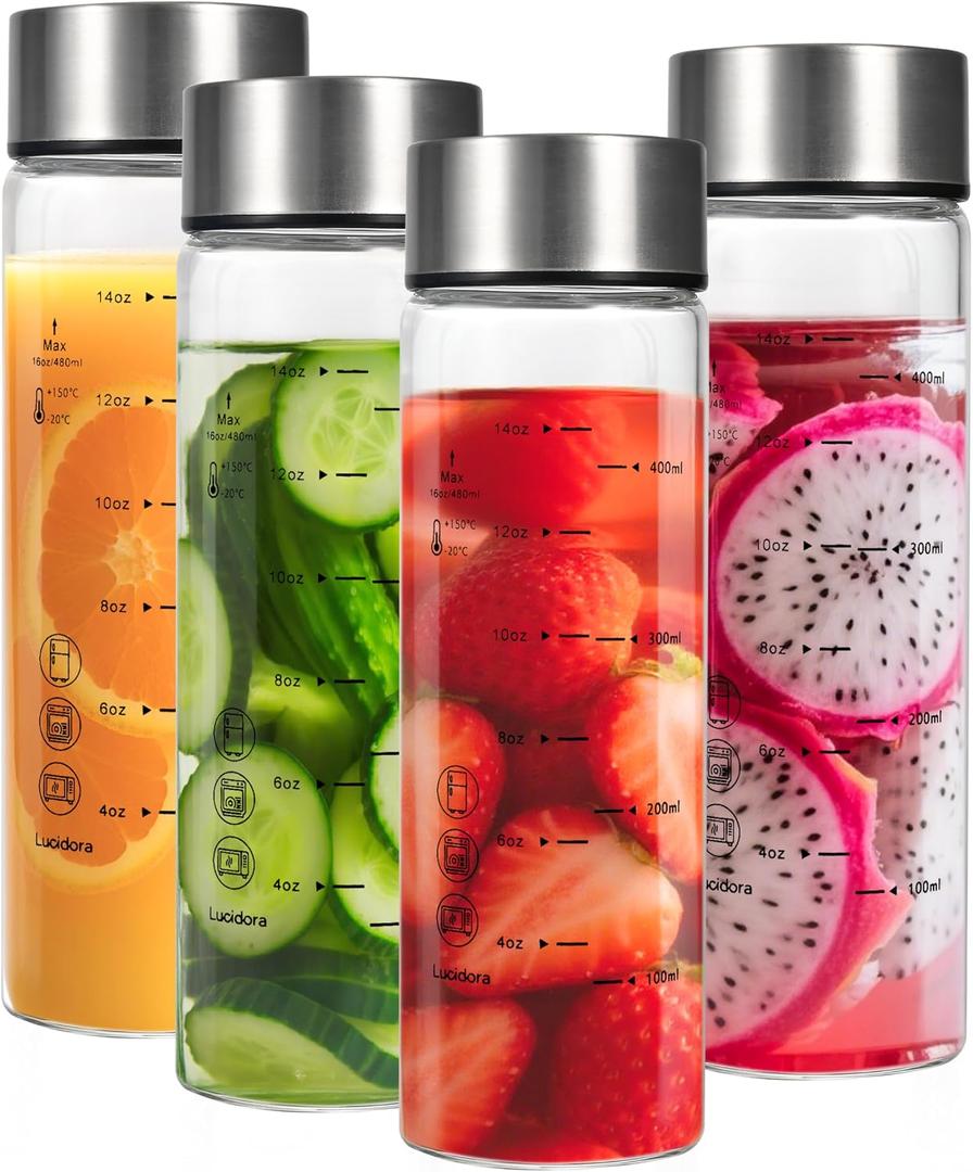 4 Pcs 16oz Glass Juice Bottles with Lids, Wide Mouth Glass Water Bottles with Measurement Markings Reusable Borosilicate Bottle for Juicing Smoothies Beverages, Leakproof Stainless Steel Caps