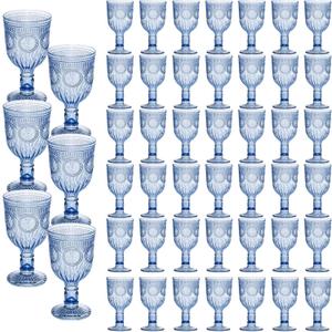 48 Pack Vintage Wine Glasses, Plastic Reusable 12 Ounce Colored Water Goblets, Unique Flower Embossed Pattern Unbreakable Stemmed Wine Glasses High Clear Wedding Party Bar Drinking Cups Blue