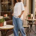 EXLURA Womens Summer Oversized Lace Trim T Shirts 2026 Casual Half Sleeve Asymmetrical Hem Tops Loose Crewneck Tunic Blouse (White, M)