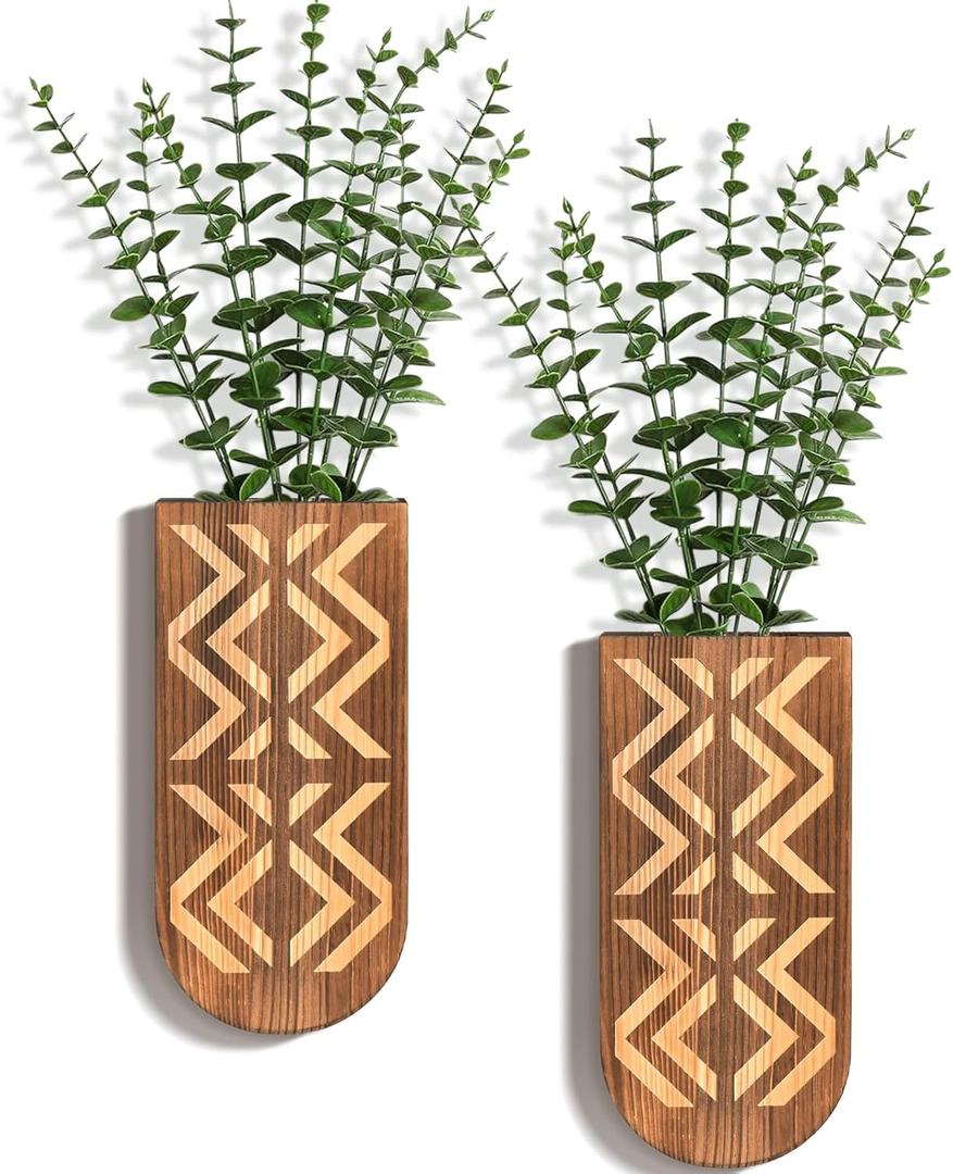 2 Pack Wooden Wall Vase Set, Wall Planter for Indoor Plants, Modern Farmhouse Art with Carving, Boho Wall Decor for Entryway, Hallway, Bathroom, Living Room, Dining Room (Dark Brown-carving)