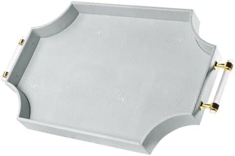 Shagreen Decorative Large Serving Platters Tray with Handles for Coffee Table Decor Modern Elegant Scalloped Ottoman Tray(Ice Blue, 22.6'' × 13'')