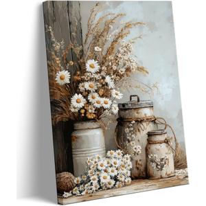 MUJ Rustic Farmhouse Daisy Floral Canvas Wall Art Vintage Country Floral Wall Decor Flower Still Life Botanical Rust Color Watering Can Prints Artwork for Living Room Bedroom Bathroom Home Decoration, 24"L x 16"W