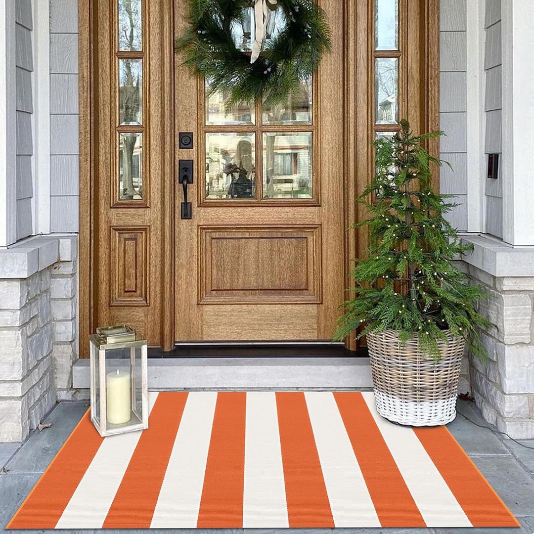 KOZYFLY Striped Rug 27.5x43 Inches Orange and White Halloween Fall Front Door Rug Hand Woven Area Rugs Washable Outdoor Doormats Indoor Entrance Mat for Front Porch Kitchen Entryway Patio Holiday