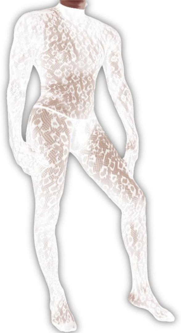 Rave Outfits For Men, Festival Party Clubwear, Leopard One Piece Full Lace Jumpsuit, Sexy Lingerie Costume Bodysuit (White) One Size