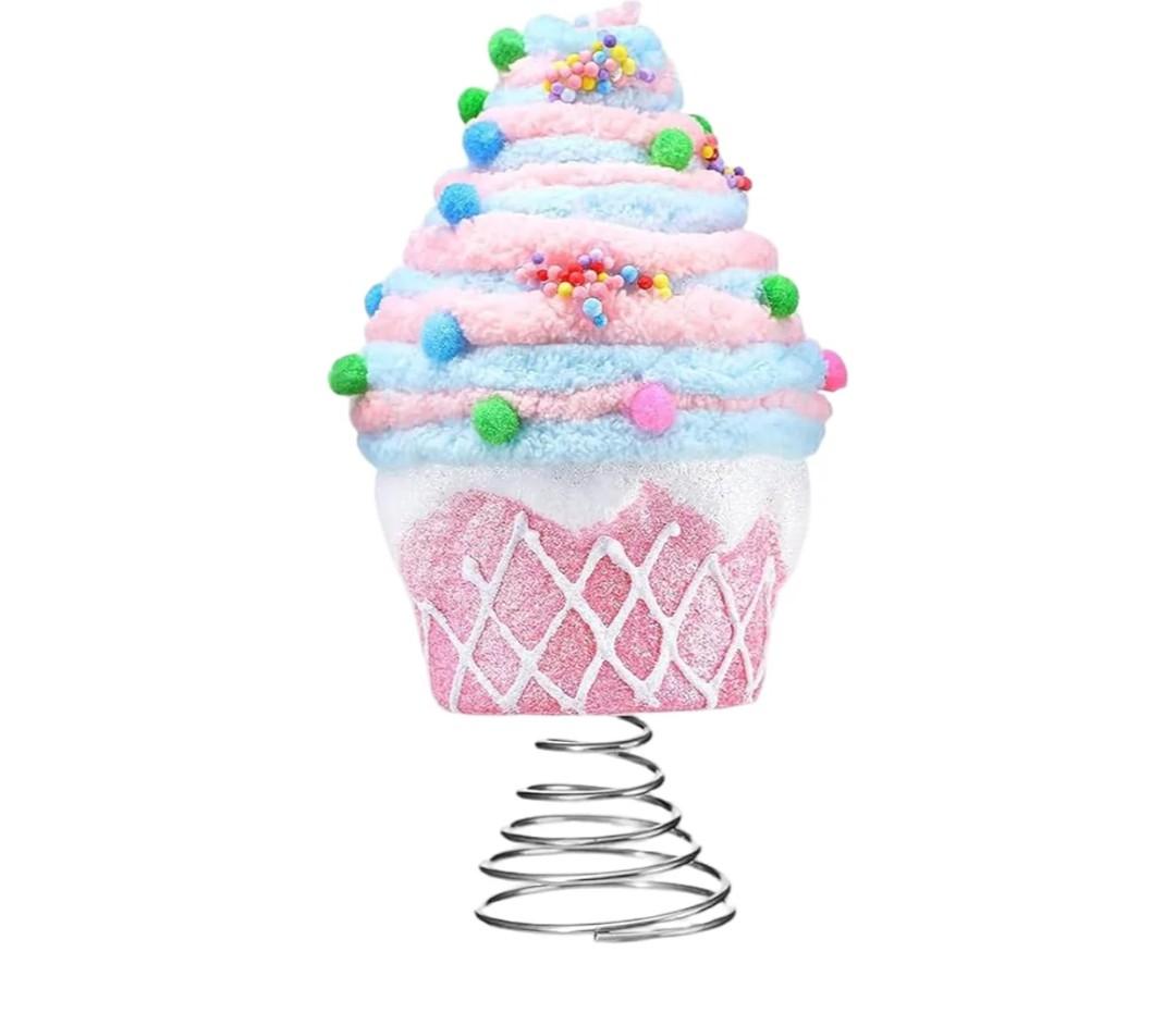 Candy Tree Topper Pastel Dessert Cupcake with Sturdy Spiral Bracket Tree Topper Ornament for Christmas Decorations Holiday Party Home Festive Decor
