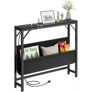 31.5'' Small Console Table with Charging Station and Storage, Entryway Table Narrow with Power Outlets and USB Ports, Skinny Sofa Table, for Living Room, Foyer, Entryway, Hallway, Black