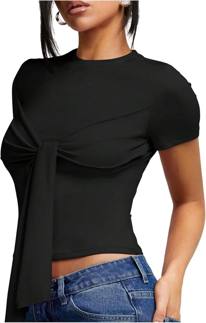 MakeMeChic Women's Knit Cap Sleeve Tops Mock Neck Shirts Slim Fitted Going Out Tees Y2k Clothes 2025 (XS)