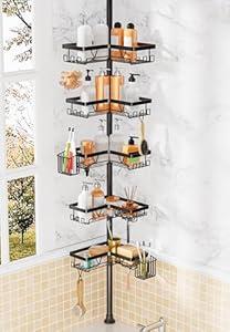 DAOYA Adjustable Tension Pole Shower Caddy, 5-Tier Stainless Steel Shower Shelf Organizer with 2 Movable Toothbrush Holders, 25-115 Inches Extendable Bath Tub Conner Storage Shelf for Family, Black