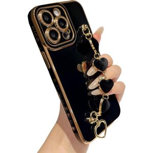 Caseative for iPhone 14 Pro Max Case,Cute Plating Love Heart Wrist Strap Chain Bracelet Phone Case (Black)
