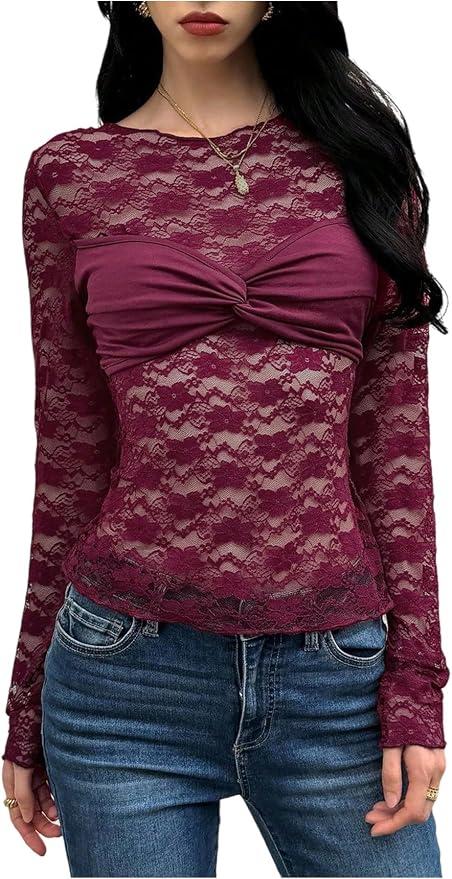 MakeMeChic Women's Twisted Floral Lace Tee Shirt Crew Neck Long Sleeve Sheer Tops Small